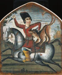 Jäger zu Pferd von einem mythischen Tier angegriffen
